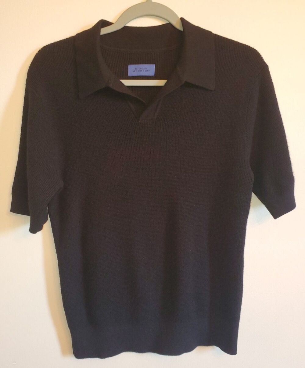 Saturdays NYC Alex Merino Wool Blend Open Placket Knit Polo Sweater Small Black